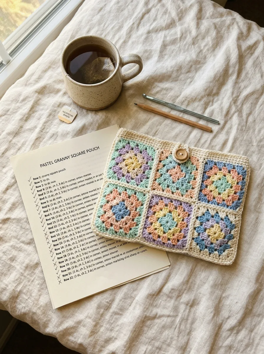 A finished pastel crochet project next to its fully ticked-off printed pattern.