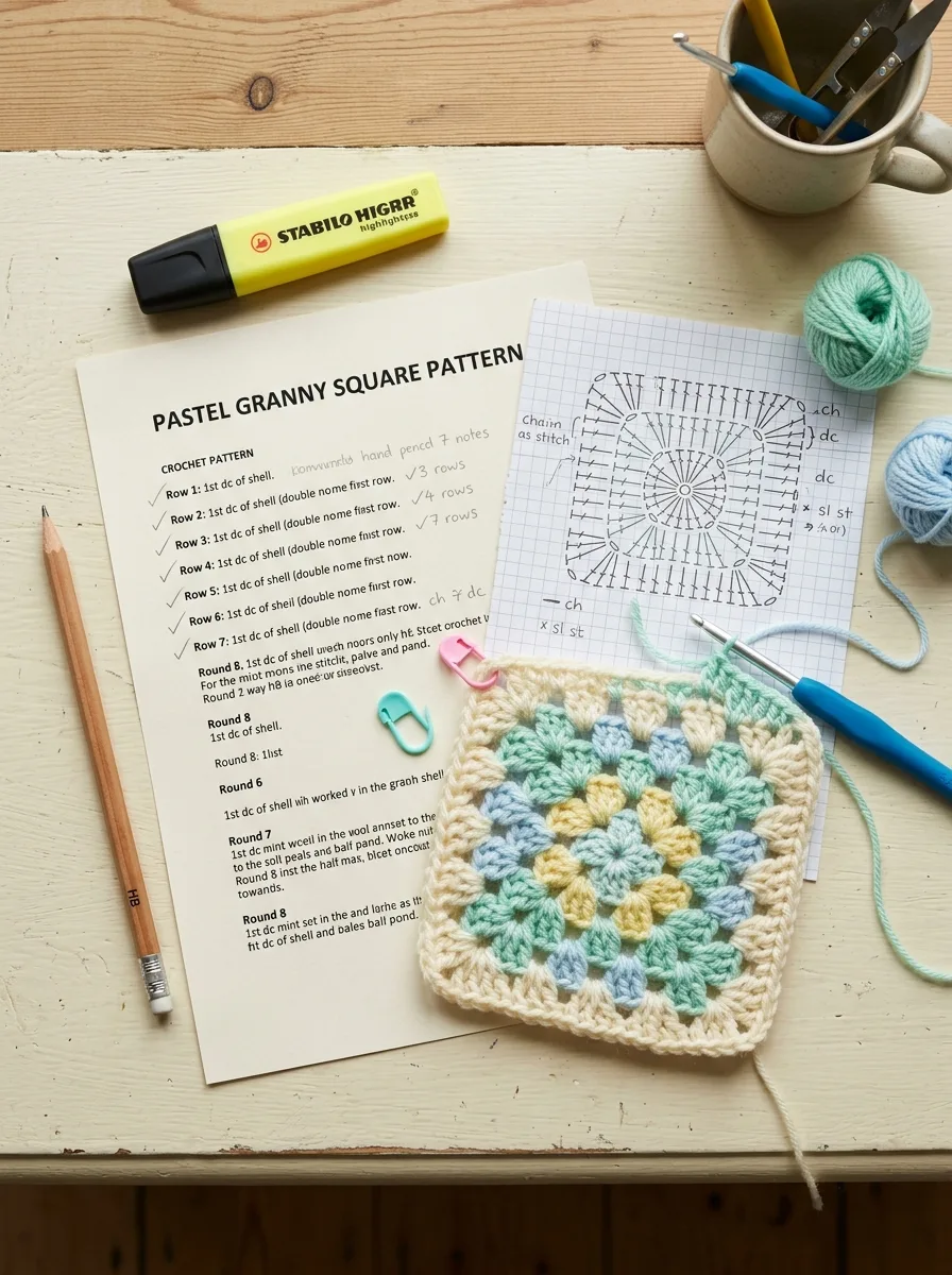 A printed crochet pattern with handwritten pencil notes, a crochet symbol chart, and a half-finished granny square with a hook on a cream desk.